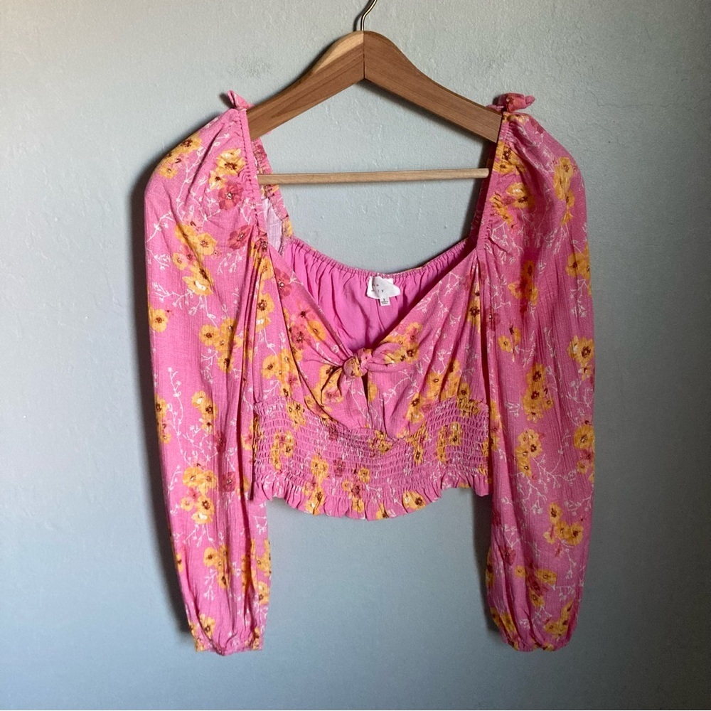 Dee Elly Pink Floral Long Sleeve Crop Top Size Small